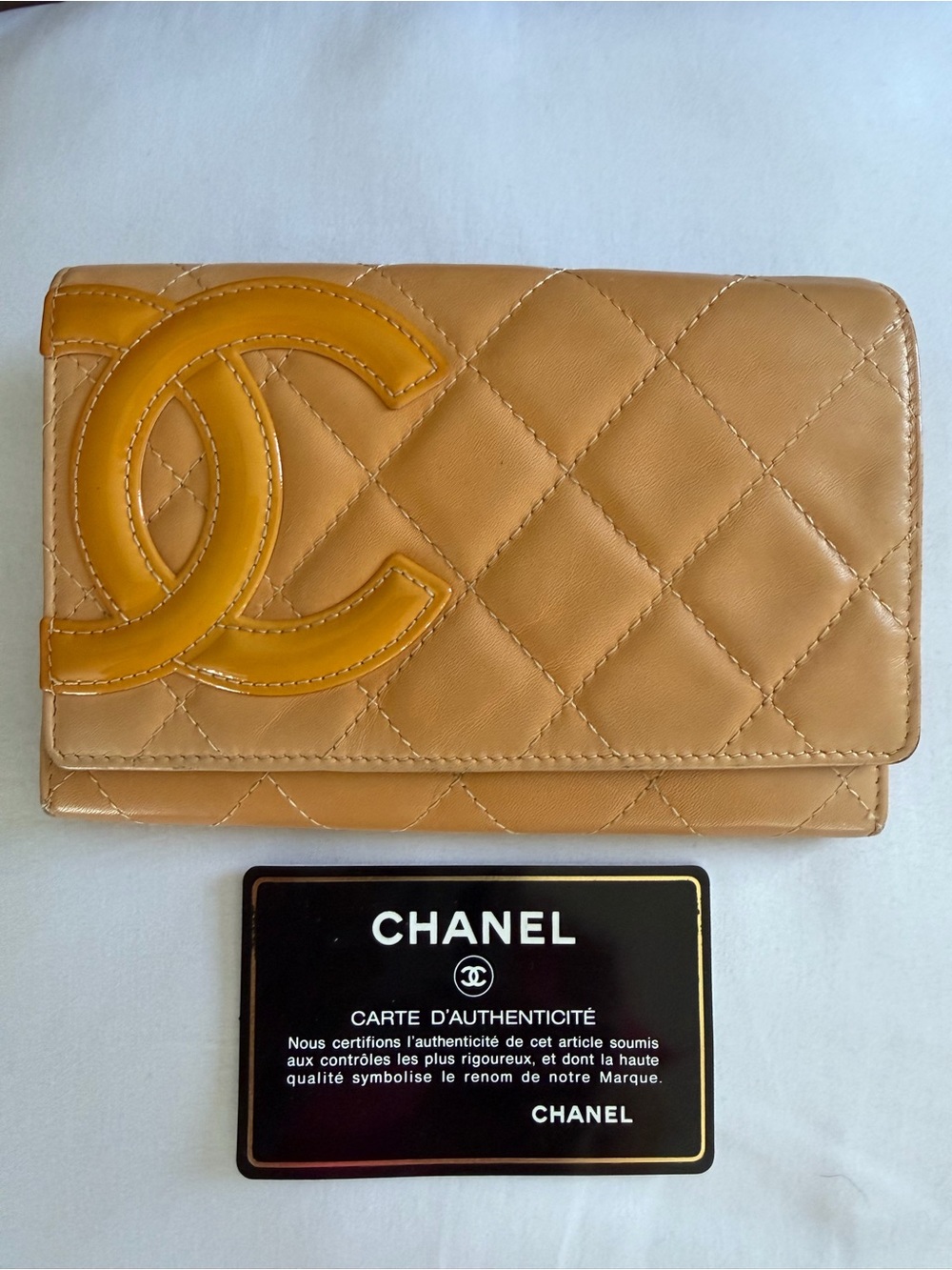 CHANEL Cambon Line Lambskin Bifold Wallet CC Logo Beige ❤️